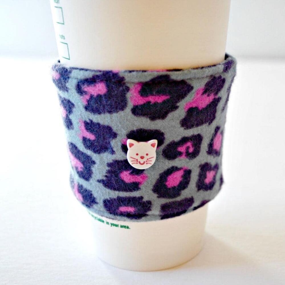 Handmade Cute Cat Coffee Cozy, Reusable Leopard Print Drink Sleeve